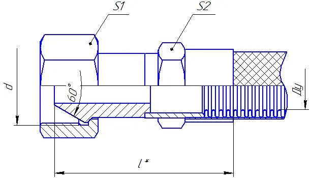 Элемент_Металлорукав с арматурой "Ниппель-конус 60 градусов, накидная гайка с трубной цилиндрической резьбой" (Г801)
